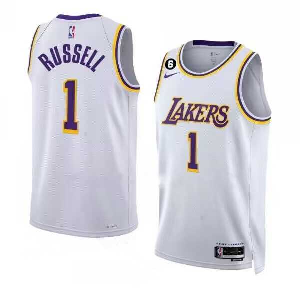 Men's Los Angeles Lakers #1 D'Angelo Russell 2022-23 White With NO.6 Patch Association Edition Swingman Stitched Basketball Jersey Dzhi